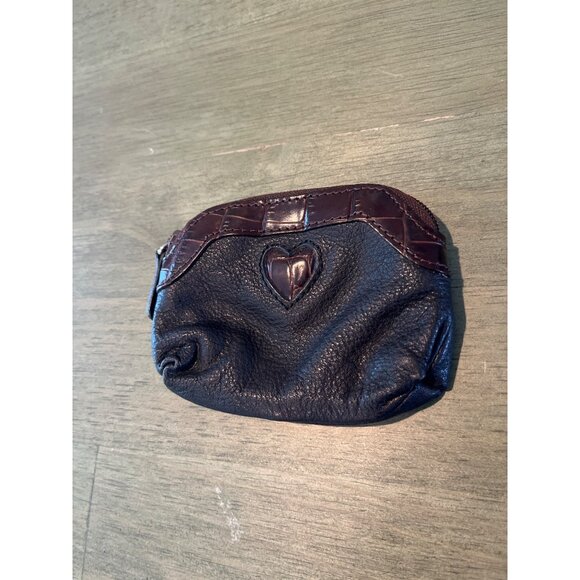 Small Black Leather Heart Coin Purse With Crocodile Embossed Trim & Zipper Closu - Picture 2 of 8